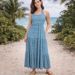Maeve by Anthropologie SZ S Mabel Halter Maxi Dress Green Blue Tan Geo Print